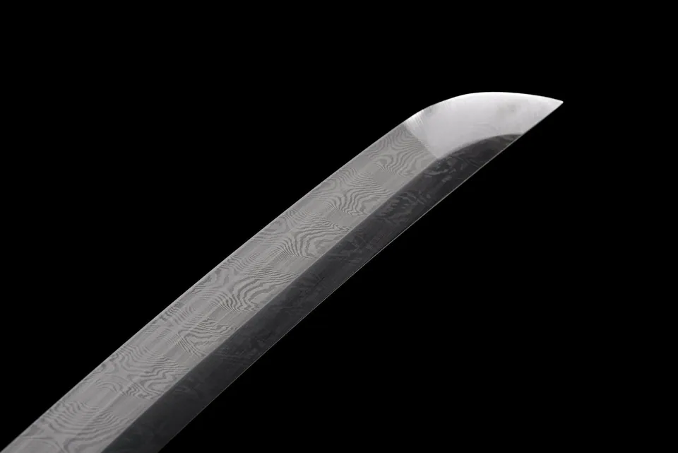 Tantō Byakko en acier damas, tsuka blanche, saya rouge et noir, vue 4