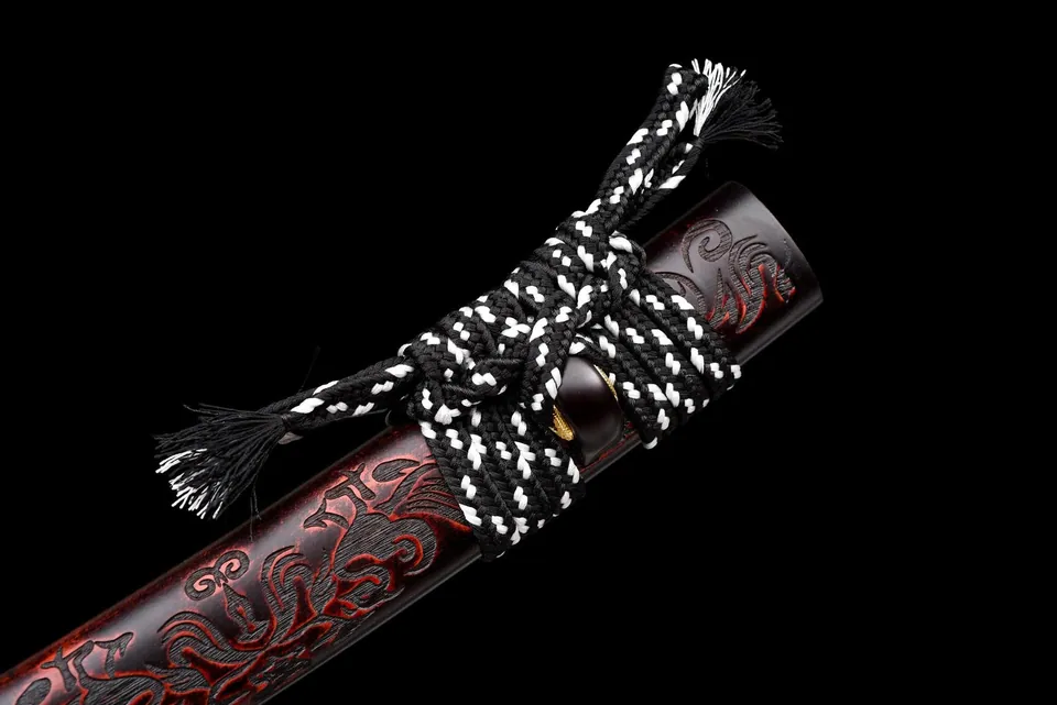 Tantō Byakko en acier damas, tsuka blanche, saya rouge et noir, vue 7