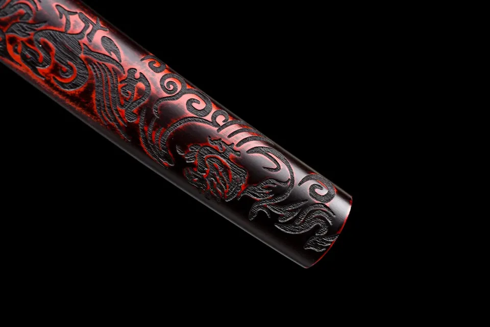Tantō Byakko en acier damas, tsuka blanche, saya rouge et noir, vue 8
