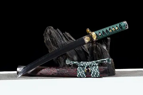 Tantō Ryokurin en acier T10 avec hamon, ito vert forêt