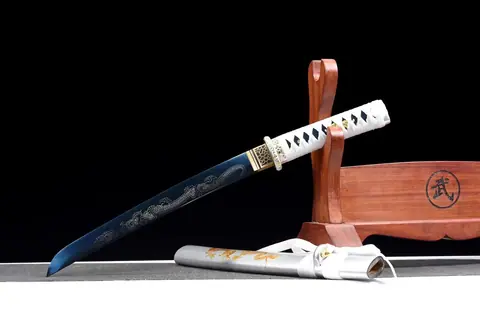 Tantō Ryūjin en acier au manganèse bleu, lame au dragon