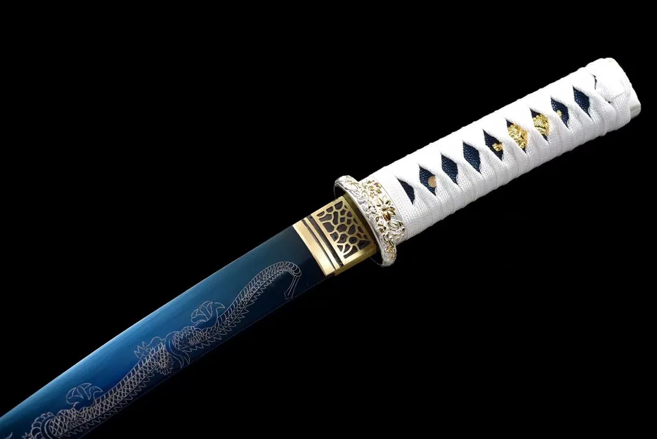 Tantō Ryūjin en acier au manganèse bleu, lame au dragon, vue 2