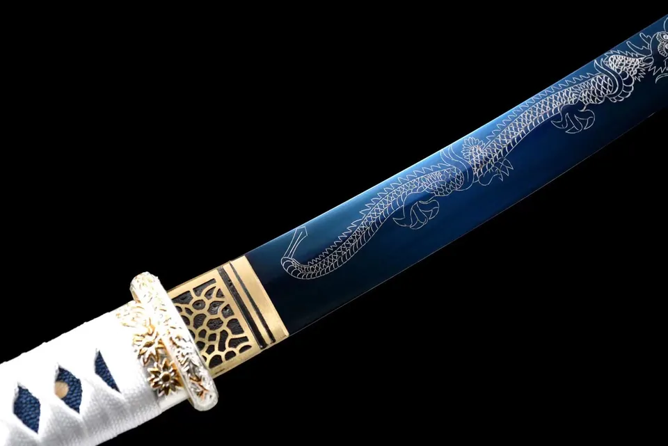 Tantō Ryūjin en acier au manganèse bleu, lame au dragon, vue 3