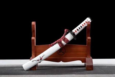 Tantō Sakura en acier damas bleuté, tsuka en galuchat rouge
