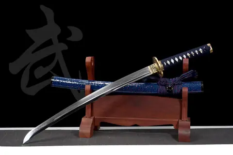 Wakizashi Akuma en acier T10 avec bo-hi, tsuba en cuivre doré