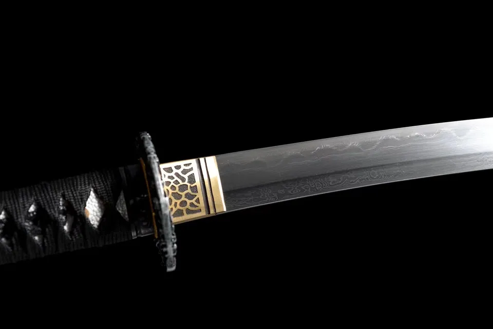 Wakizashi Ao en acier damas, tsuka en galuchat blanc, vue 3