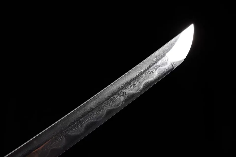 Wakizashi Kiku en acier damas, tsuba chrysanthème doré, vue 4