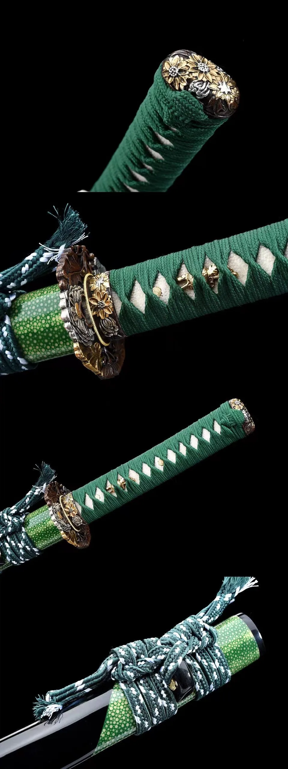 Wakizashi Kiku en acier damas, tsuba chrysanthème doré, vue 6